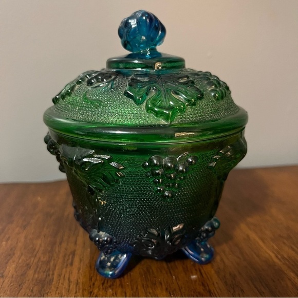 MCM Jeanette Blue Green Footed Covered Candy Bowl Grapes Motif - Picture 6 of 12